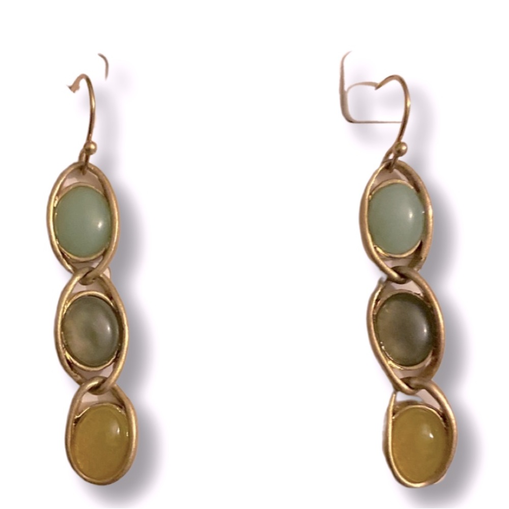 Lia Sophia Genuine Aventurine & Abalone 3 Stone Drop Earrings. Brand New w/ Box.